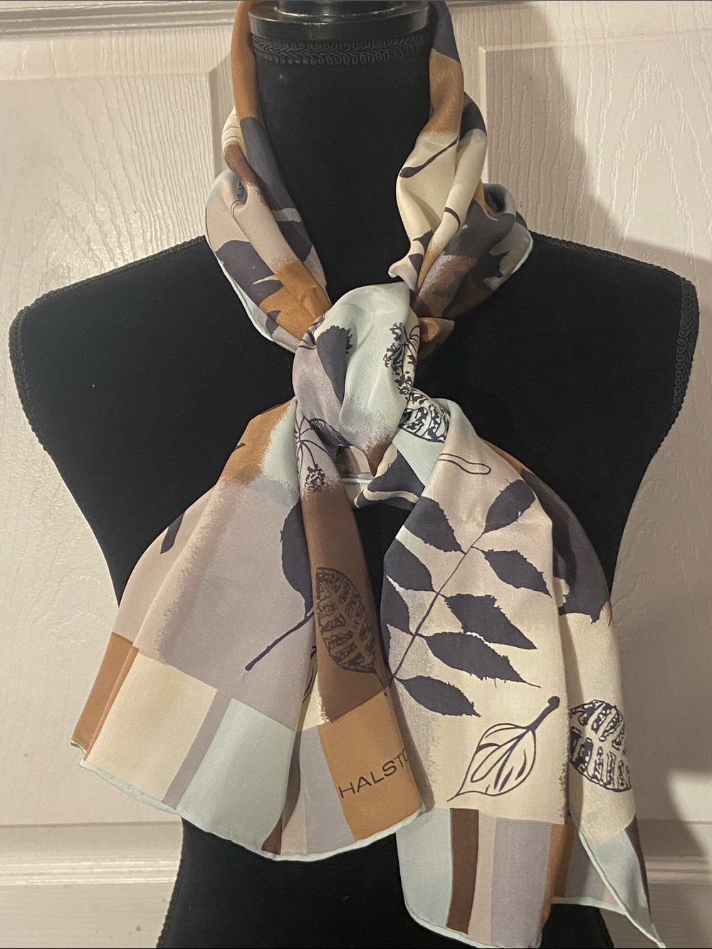 Halston 100% Silk Leaf-Print Hand Rolled Neck Rectangle Scarf 14 x 58”